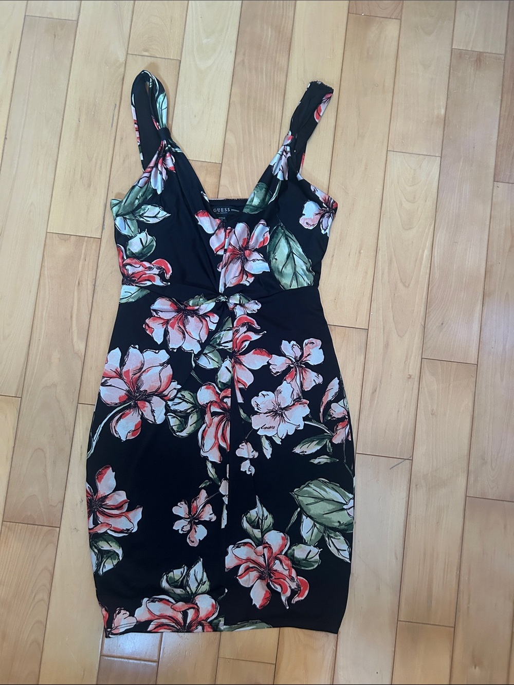 Guess Black Floral Wrap-Style Midi Dress with Coral and Green Print